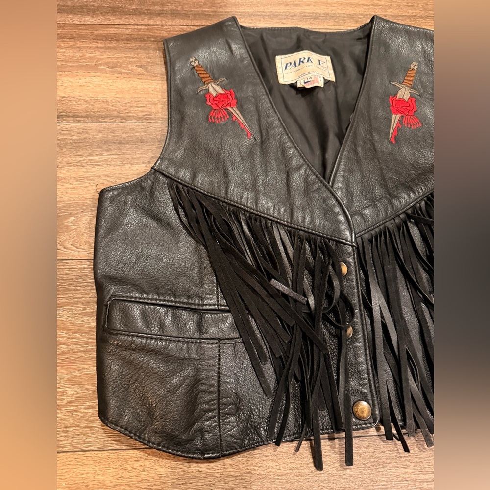 Park V Black Leather Fringe Vest Rose Dagger Embroidery Western Biker Women M - Picture 6 of 13
